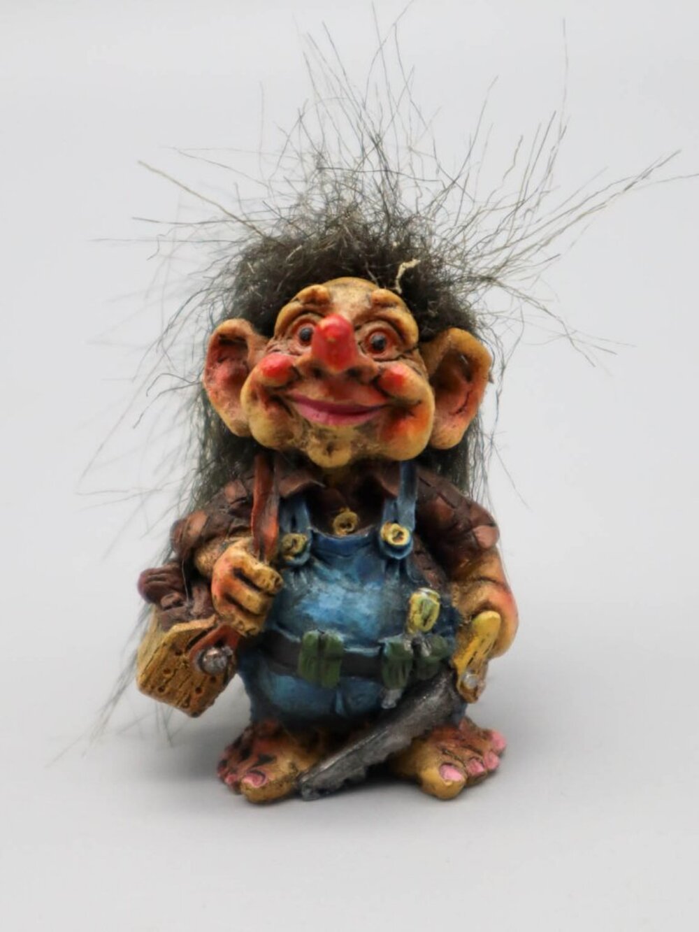 Vintage Miniature Norwegian Troll Carpenter Figurine Resin & Hair 2"H Folk Art
